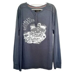NWOT Harley Davidson Shirt L Blue Henley Button Motor Graphic‎ Long Sleeve Biker